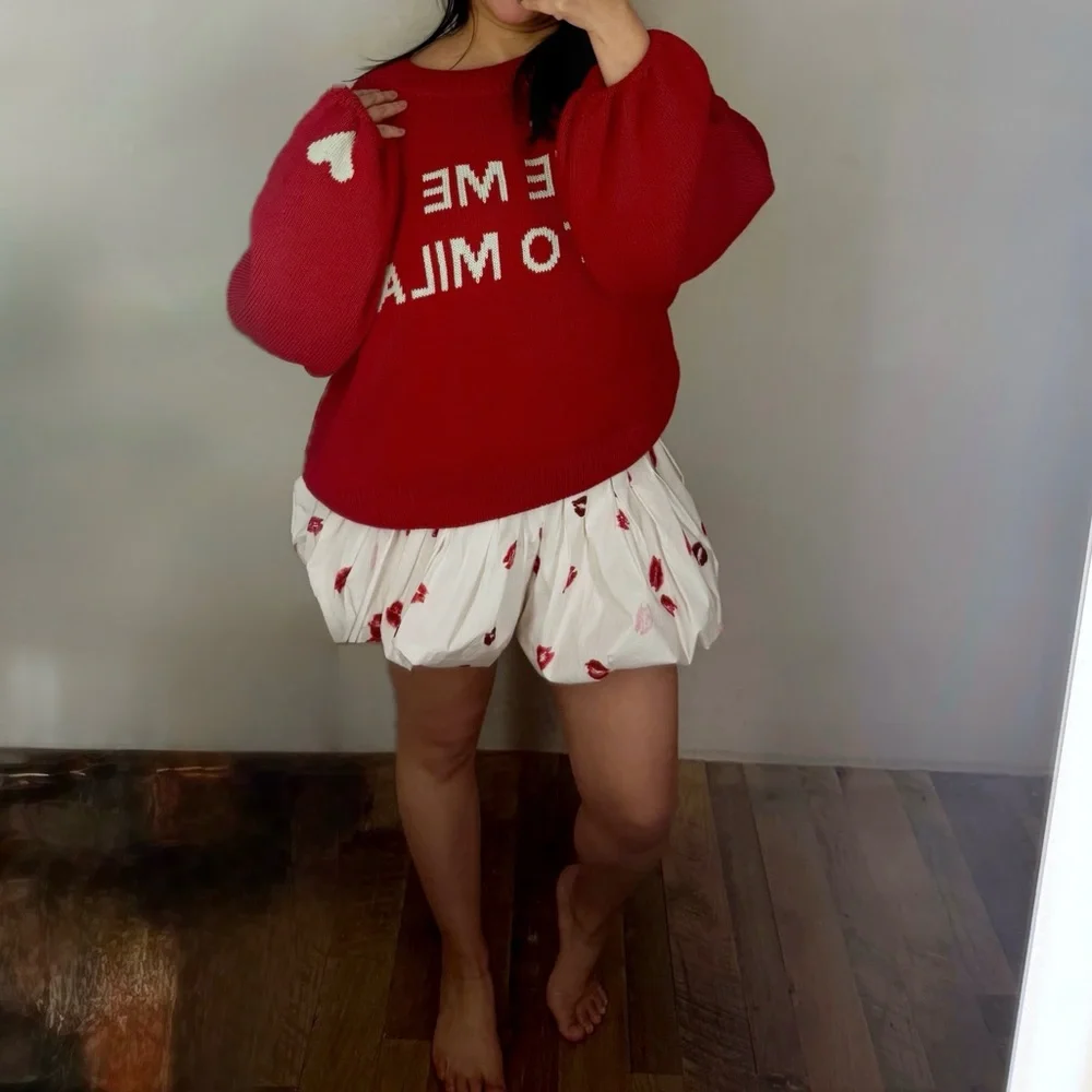 Anthropologie Maeve Graphic ‘Take Me To Milan’ Red Cotton Sweater